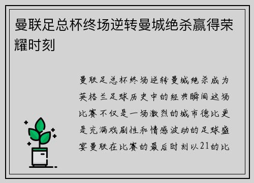 曼联足总杯终场逆转曼城绝杀赢得荣耀时刻