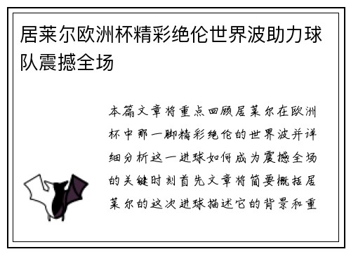 居莱尔欧洲杯精彩绝伦世界波助力球队震撼全场